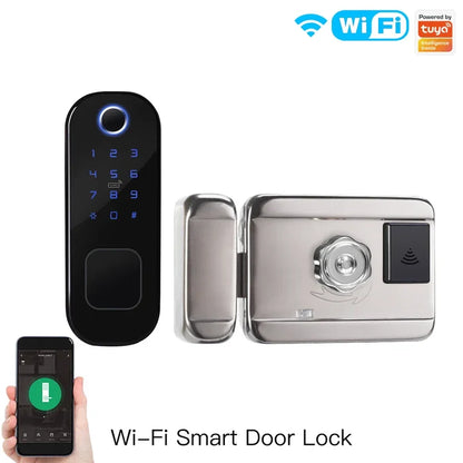 Wi-Fi enabled smart door lock with keypad and smartphone control.