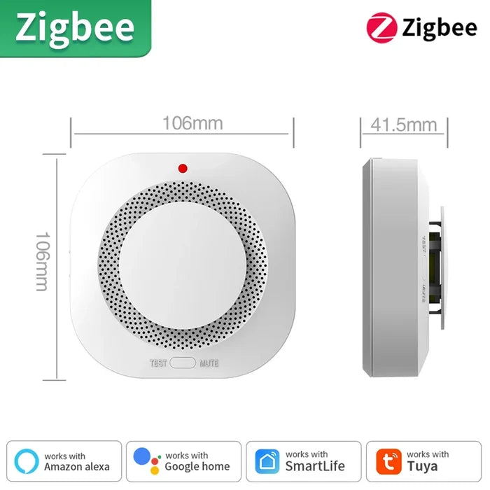 White Zigbee smoke detector with dimensions.
