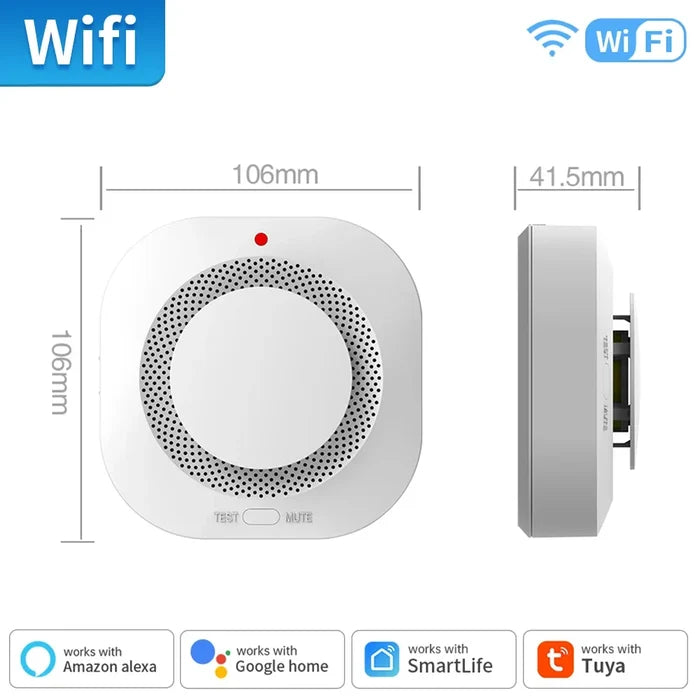 White square smoke detector with dimensions.