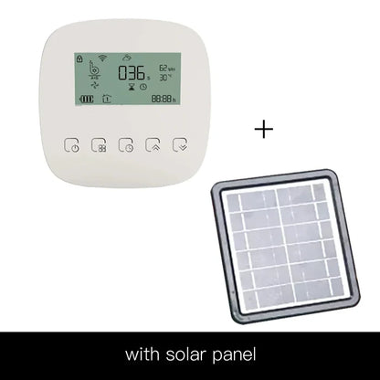 White digital thermostat with solar panel.