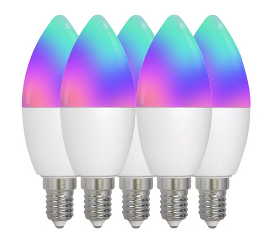 Five color-changing LED light bulbs.