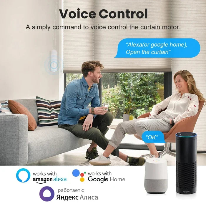 Smart home voice-controlled curtain system.