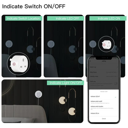 Smart plug with on/off indicator options.