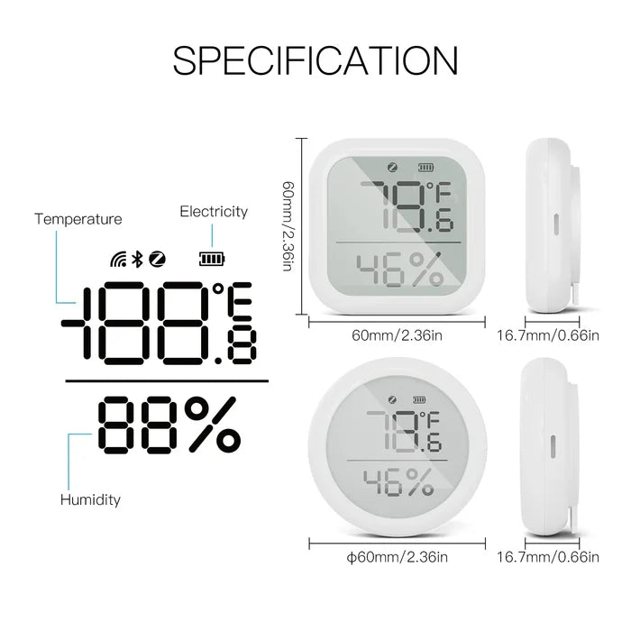 Digital temperature and humidity monitor with dimensions.