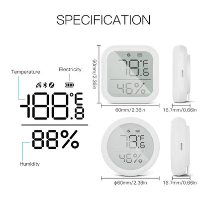 Digital temperature and humidity monitor with dimensions.