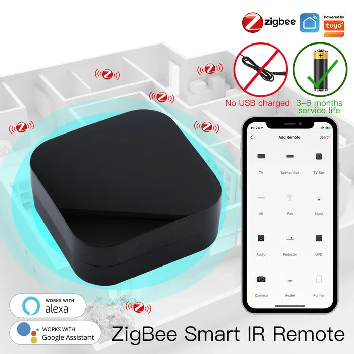 Black ZigBee smart IR remote.