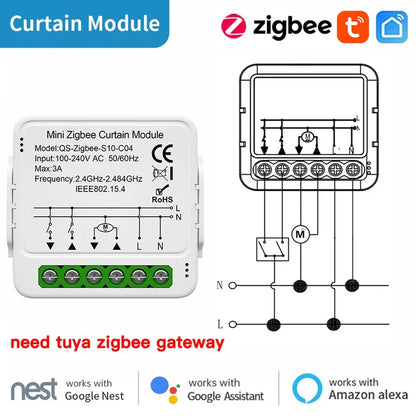 Zigbee curtain module with wiring diagram.