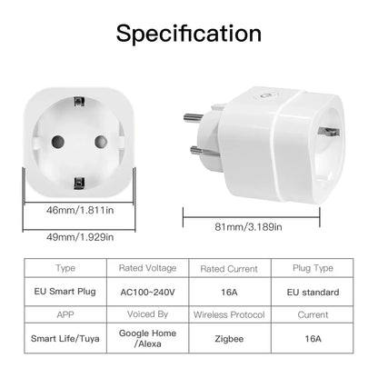 White EU smart plug with specifications.