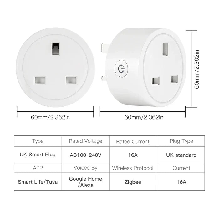 UK smart plug with dimensions and specifications.