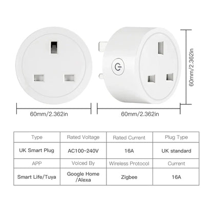 UK smart plug with dimensions and specifications.