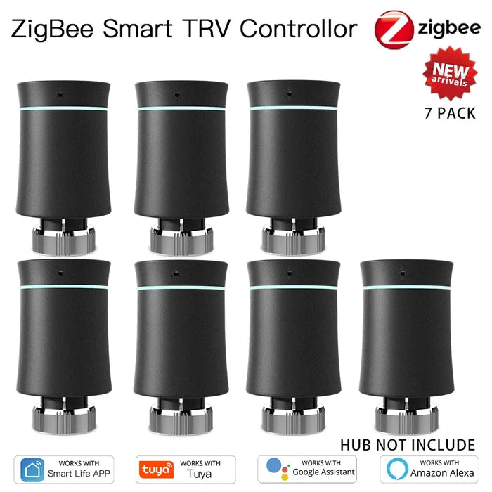 Seven black ZigBee smart TRV controllers.