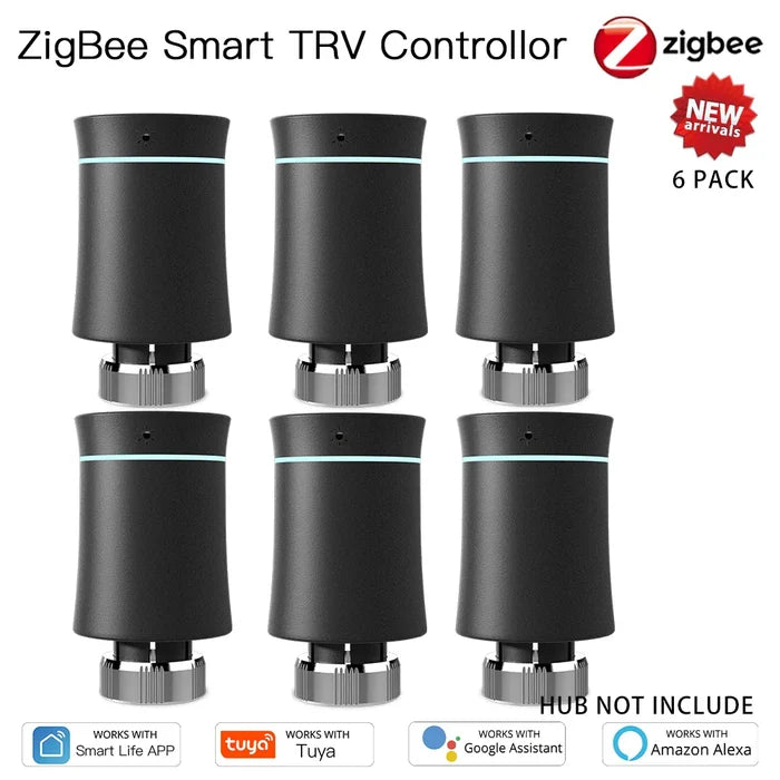 Six ZigBee smart TRV controllers.