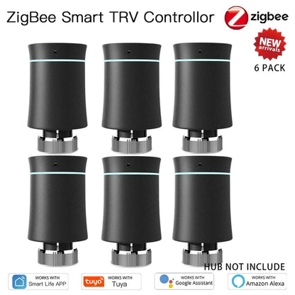Six ZigBee smart TRV controllers.