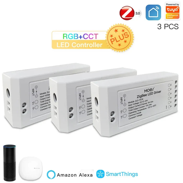 Three white RGB+CCT LED controllers.