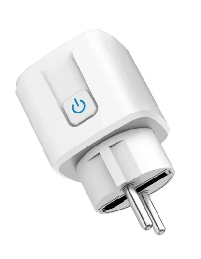 White smart plug with power button.