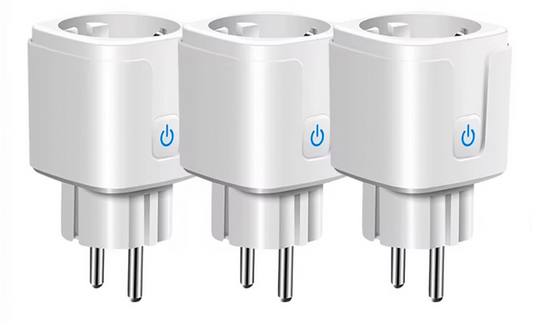 Three white smart plugs.