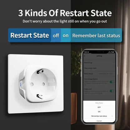 Smart power outlet with restart state options.