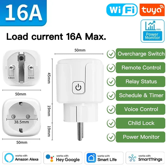 White smart plug with dimensions and features.