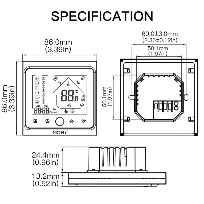 Thermostat dimensions diagram.