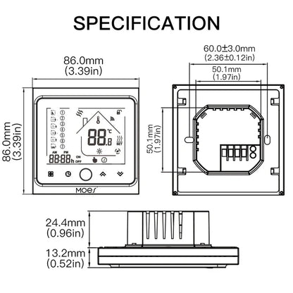 Thermostat dimensions diagram.