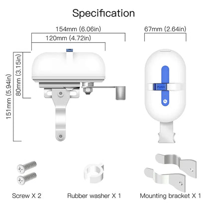 Water level sensor with dimensions and mounting hardware.