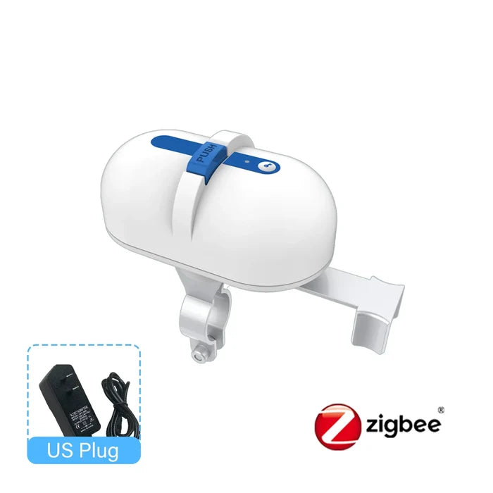 White smart button pusher with mounting bracket.