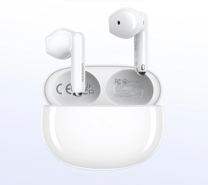 White wireless earbuds and charging case.