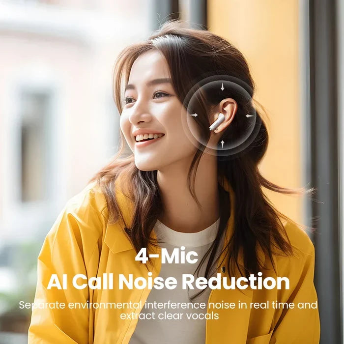 Wireless earbuds with noise reduction.