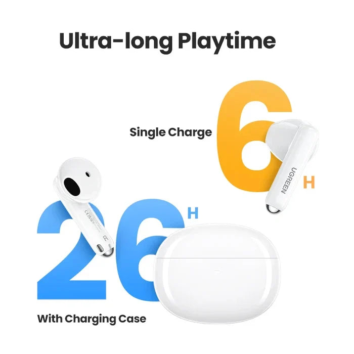 White wireless earbuds and charging case.