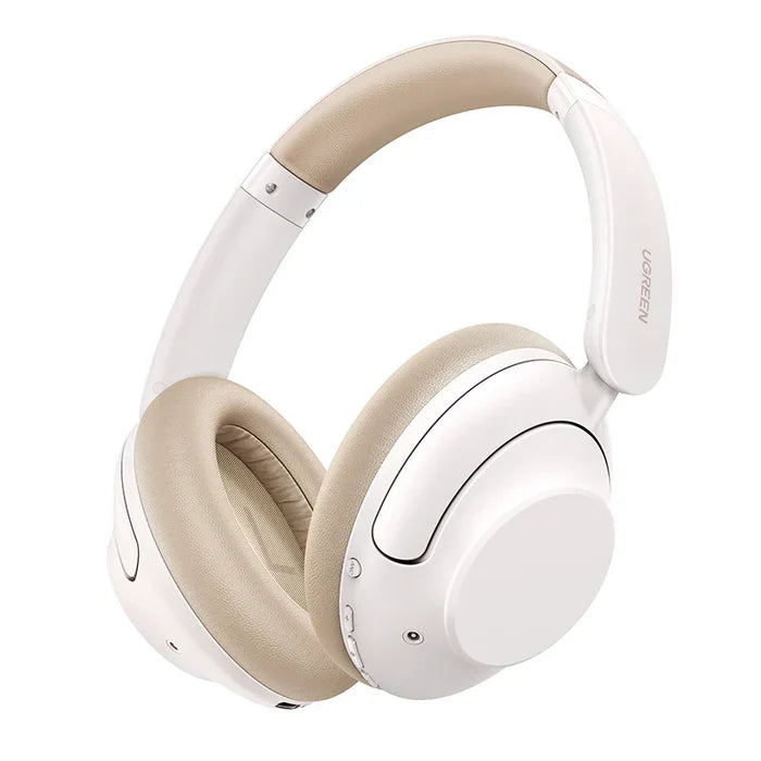 White and tan over-ear headphones.