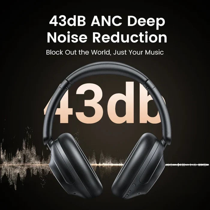 Wireless over-ear headphones with ’43db’ displayed between the ear cups.