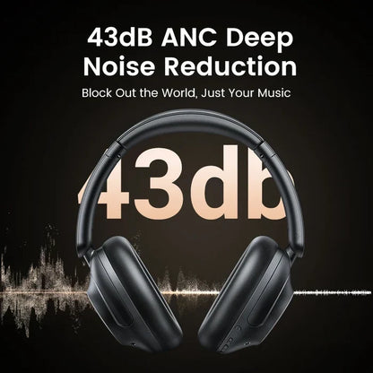 Wireless over-ear headphones with ’43db’ displayed between the ear cups.