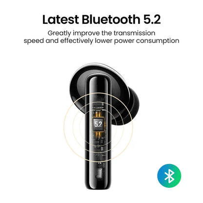 Sleek black wireless earbud with a digital display showing ’5.2’’ on its stem.
