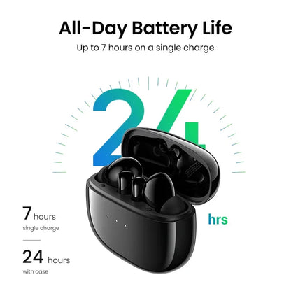 Pair of black wireless earbuds in an open charging case.