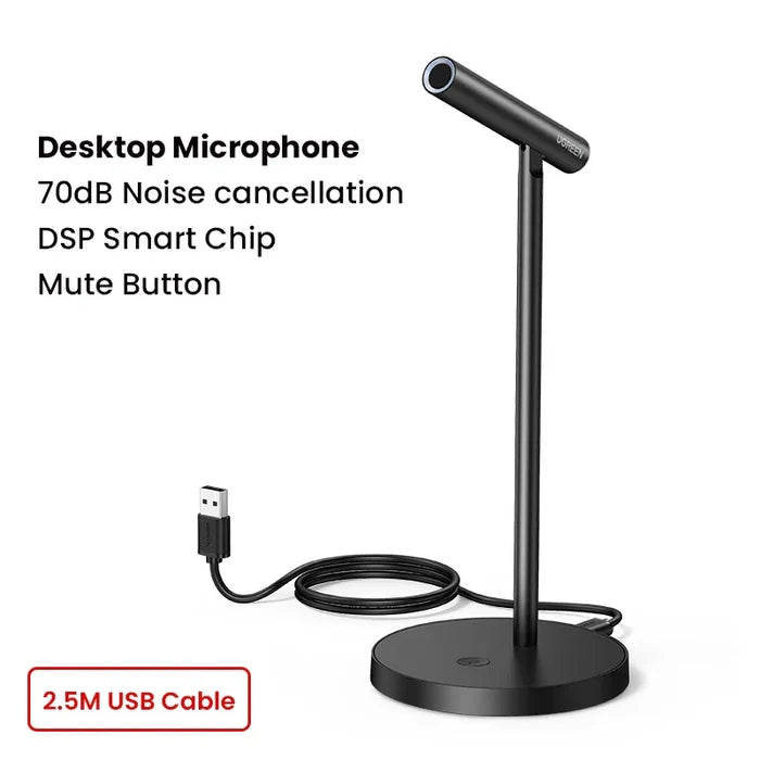 Desktop microphone with a tall stand, circular base, and USB cable.