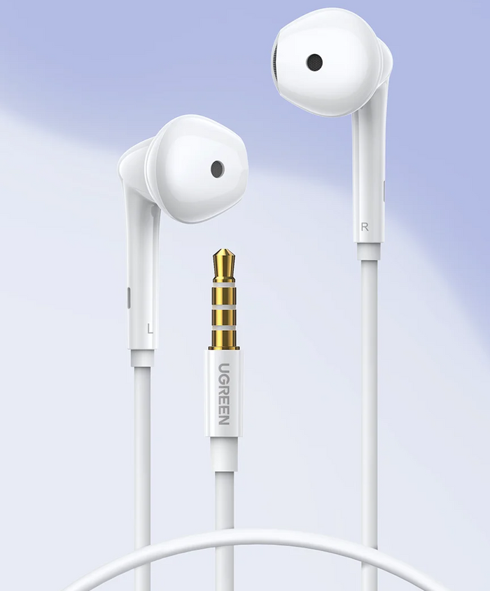 White wired earbuds with gold-plated connector.