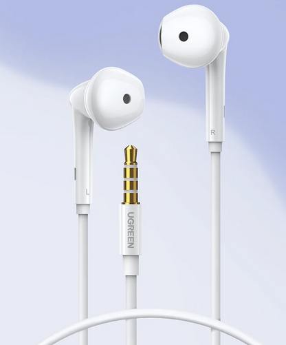 White wired earbuds with gold-plated connector.