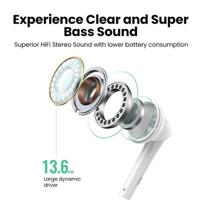 Exploded view of a white earbud.