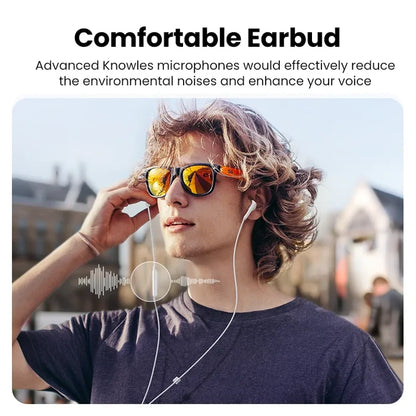 Man wearing earbuds and sunglasses.