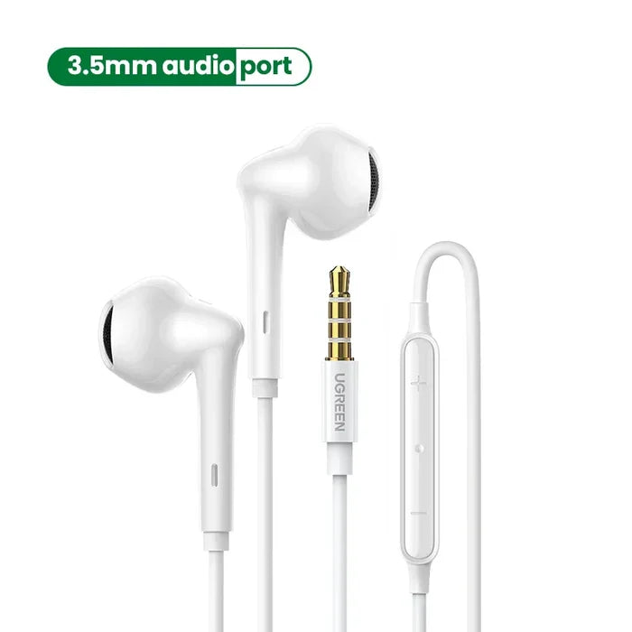 White wired earbuds with in-line controls.
