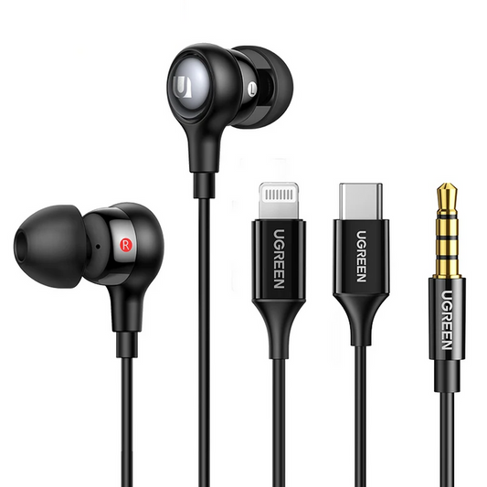 Black in-ear headphones with multiple connector types.