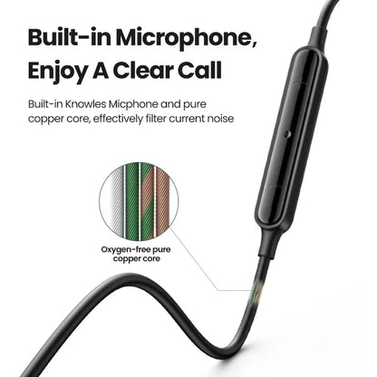 Black wired earphones with built-in microphone.
