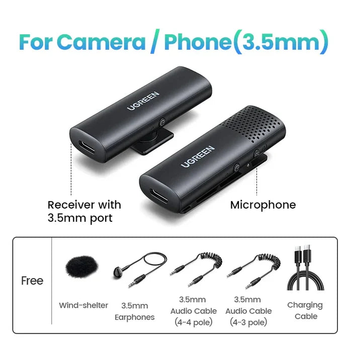 Wireless microphone system with receiver and transmitter units, plus included accessories.