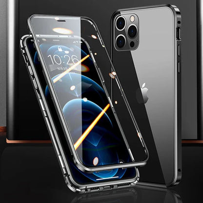 Sleek black iPhone with a transparent protective case and multiple camera lenses.