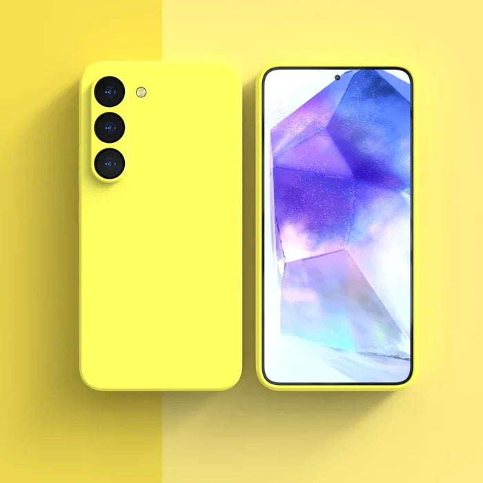 Yellow smartphone with triple rear cameras and a colorful display screen.