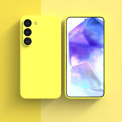 Yellow smartphone with triple rear cameras and a colorful display screen.