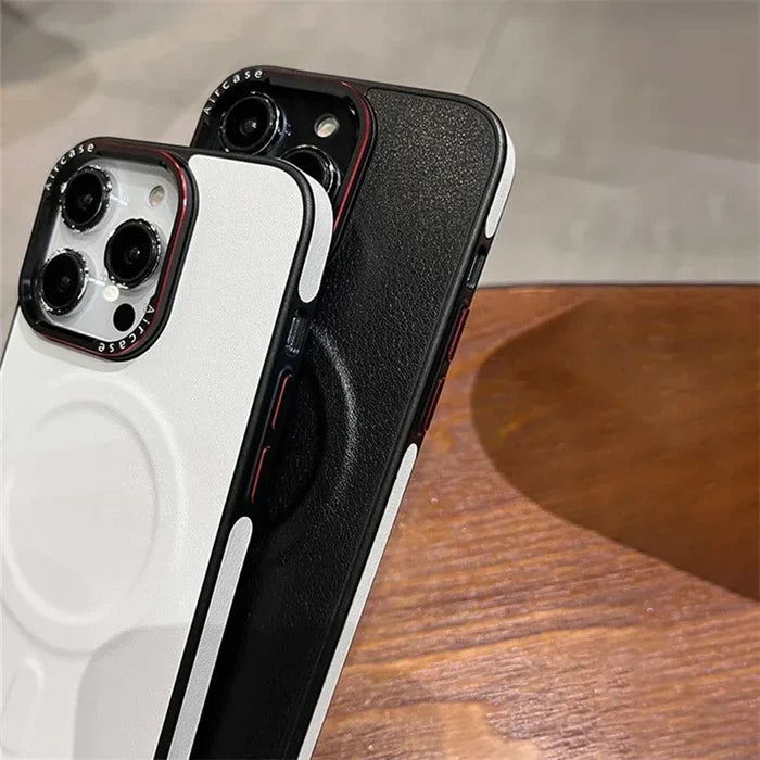 Two iPhone cases, one white and one black.
