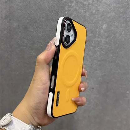 Yellow phone case with a magnetic ring.