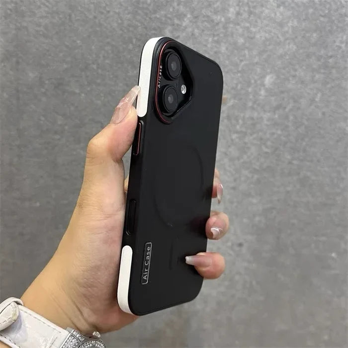 Black phone case with white trim.