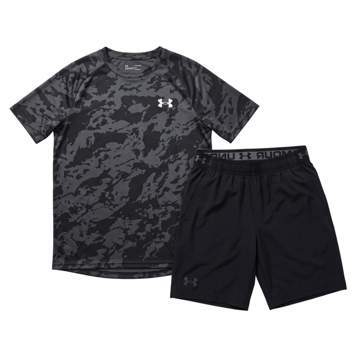 Under Armour Junior's 2 Piece Co Ord Set Black/Grey T-Shirt & Shorts